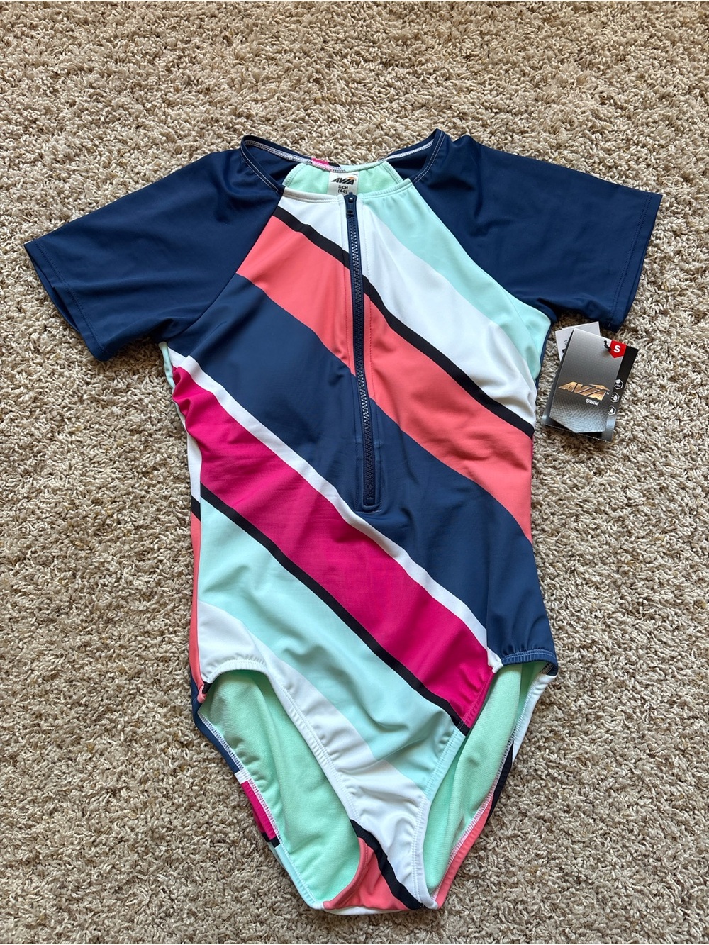 NWT Avia Rash Guard Navy/Pink/Green Stripe Size Small 4–6